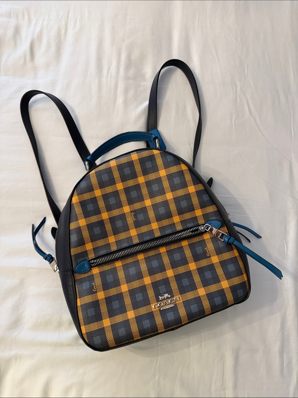 Coach Yellow and Navy Plaid Mini Backpack with Blue Trim